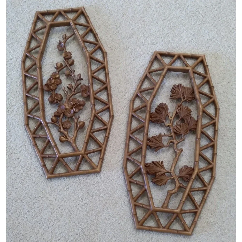 Homco Bamboo Flower Wall Plaques/Wall Hangings